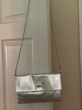 Silver Metallic Snake-Embossed Chain Shoulder Bag